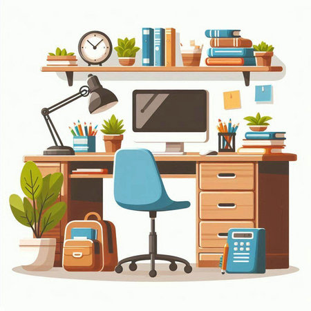 Workplace with computer, bookshelf and stationery. Vector illustrationのイラスト素材
