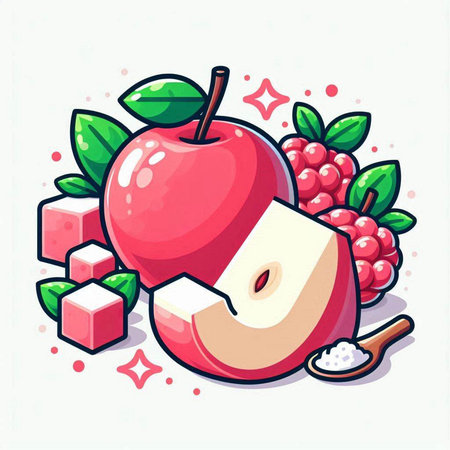 Vector illustration of an apple with a slice of apple and two cubes of sugar.のイラスト素材