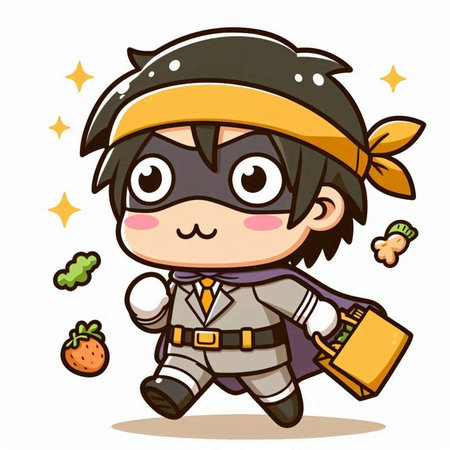Illustration of a Cute Cartoon Ninja with a Bag of Foodのイラスト素材