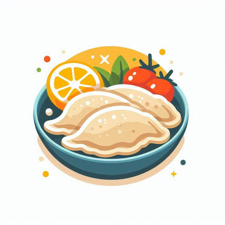 Fried dumplings with lemon and tomato. Vector illustration.のイラスト素材