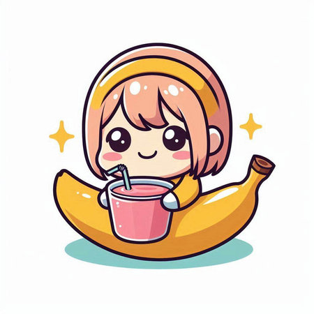 Cute cartoon girl with a banana and a cup of hot drinkのイラスト素材