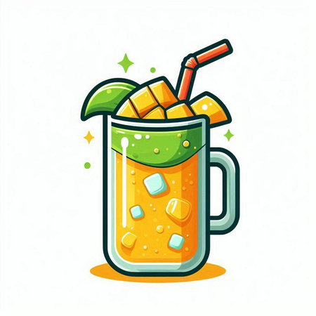 Mojito cocktail in glass with ice cubes and straw. Vector illustration.のイラスト素材