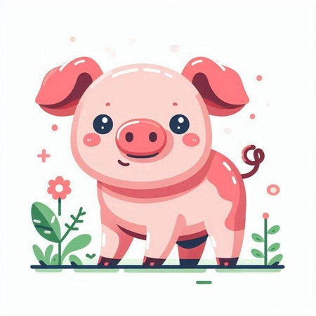 Cute cartoon pig. Vector illustration in a flat style on white background.のイラスト素材