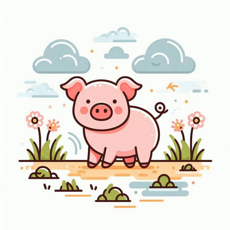 Cute piggy in the field. Vector flat cartoon illustration.のイラスト素材