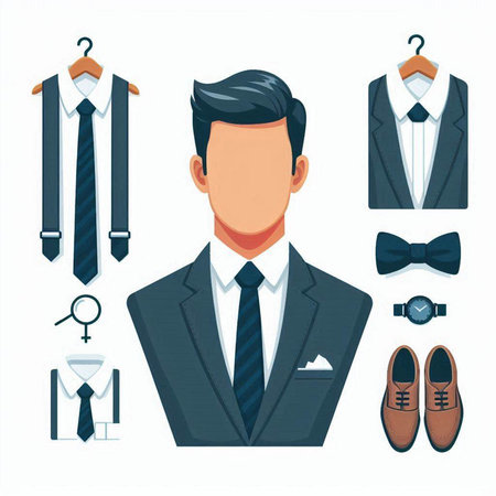Vector illustration of business man in suit, tie and bow tie.のイラスト素材