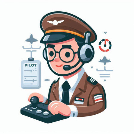 Pilot with headphones and remote control. Vector illustration in cartoon styleのイラスト素材