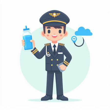 Pilot with a bottle of water. Flat style vector illustration.のイラスト素材