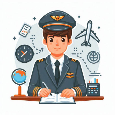 Pilot in uniform writing in notebook. Vector illustration in flat cartoon styleのイラスト素材