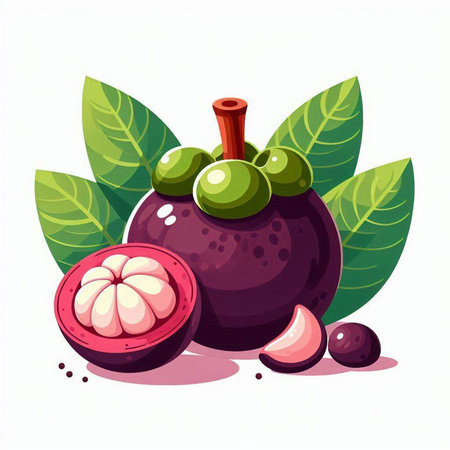 Mangosteen fruit with green leaves isolated on white background.のイラスト素材