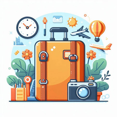 Vector illustration of travel concept with suitcase, camera, clock and other elementsのイラスト素材