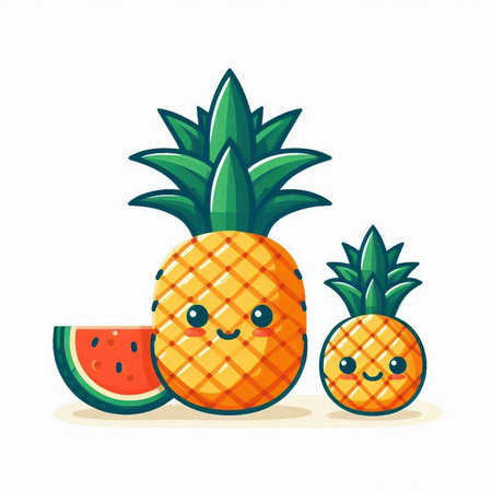Cute kawaii pineapple and watermelon characters. Vector illustration.のイラスト素材