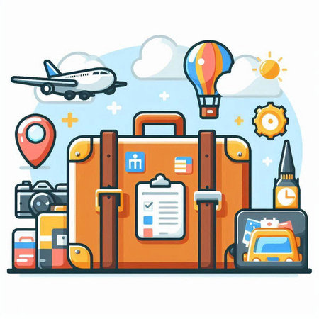 Baggage with travel items. Vector illustration in flat style.のイラスト素材