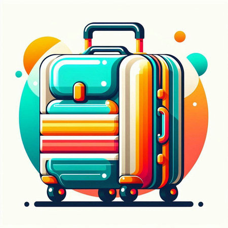Vector illustration of a suitcase on wheels on colorful background. Retro style.のイラスト素材