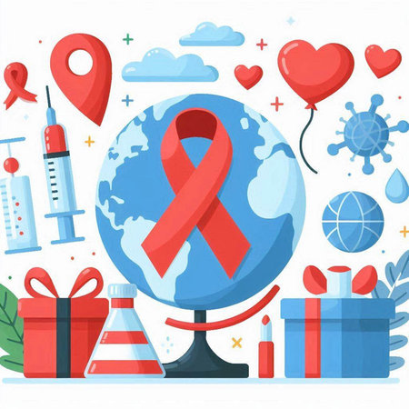 Vector illustration of World Aids Day concept in flat style. Red ribbon on the globe.のイラスト素材