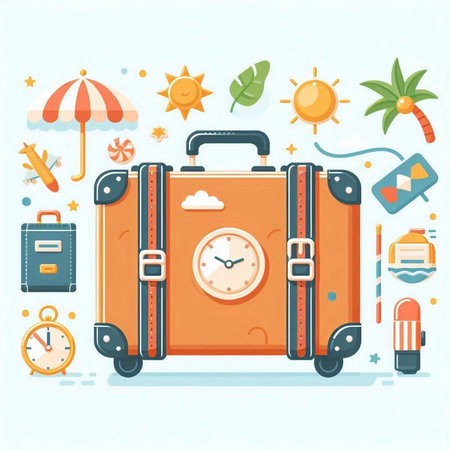 Vector illustration of travel and vacation. Suitcase, umbrella, sun, palm tree, suitcase, flip flops. Flat style.のイラスト素材