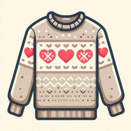 Vector illustration of sweater with hearts. Knitted sweater decorated with hearts.のイラスト素材