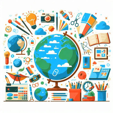 Back to school background with globe, school supplies and education items. Vector illustration.のイラスト素材