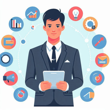 Businessman with tablet and icons. Vector illustration in flat style.のイラスト素材
