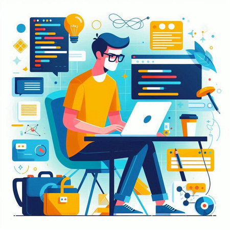 Young man working on laptop at home office. Flat style vector illustration.のイラスト素材