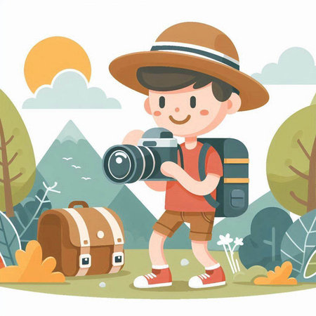 Cute boy with camera and backpack in the park. Vector illustrationのイラスト素材