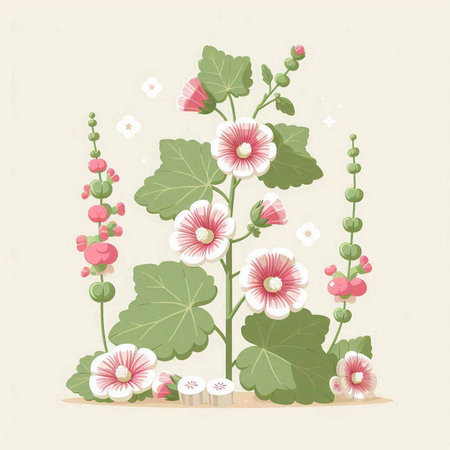 Hollyhock flowers and leaves. Vintage style vector illustration.のイラスト素材