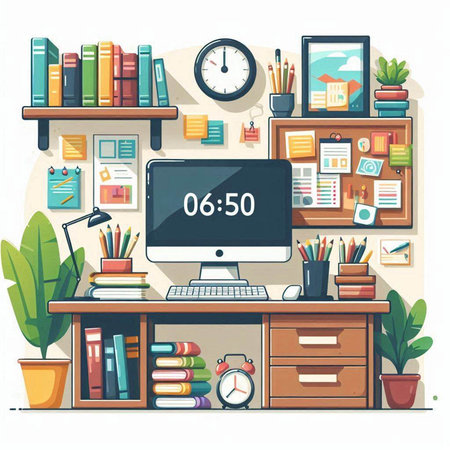 Office workplace with computer, bookshelf, clock and plant. Flat style vector illustration.のイラスト素材