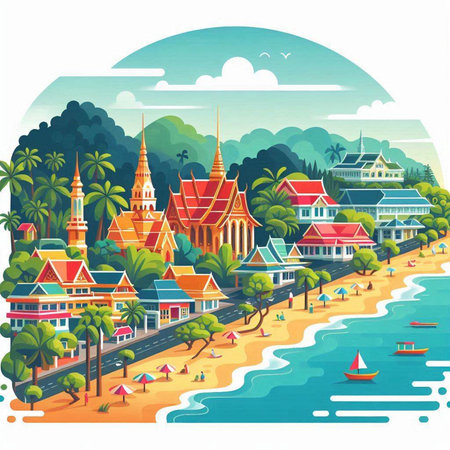 Thailand cityscape with ancient buildings and beach. Vector illustration.のイラスト素材