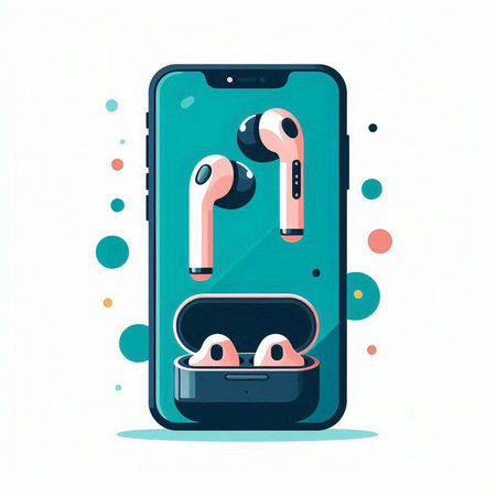 Vector illustration of modern mobile phone with headphones on screen. Flat style.のイラスト素材