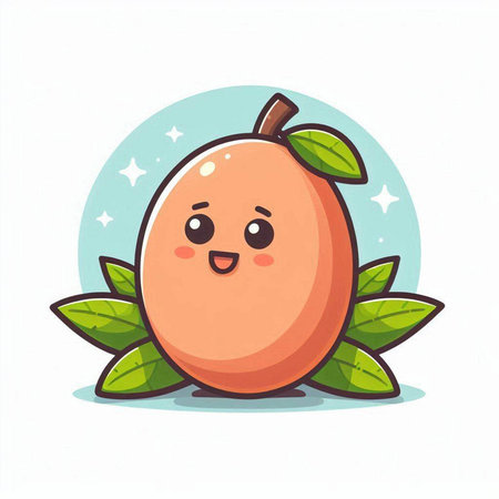 Cute cartoon apricot character with green leaves. Vector illustrationのイラスト素材