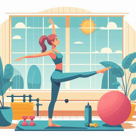 Woman doing fitness exercises at home. Vector illustration in flat style.のイラスト素材