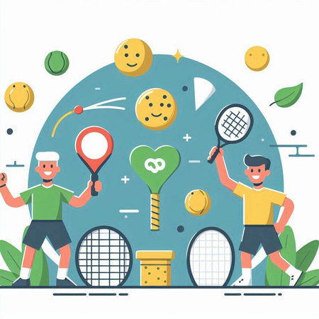 Flat design vector illustration concept of healthy lifestyle with tennis, tennis racket and ball.のイラスト素材
