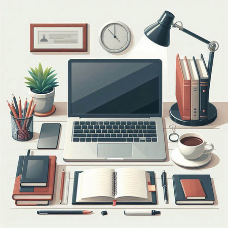 Office workplace with laptop, coffee and other items. Vector illustration.のイラスト素材