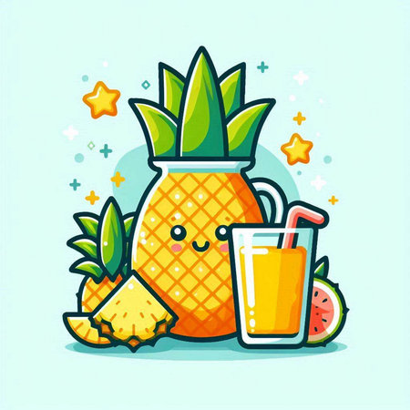 Pineapple juice and fruits. Cute cartoon vector illustration.のイラスト素材