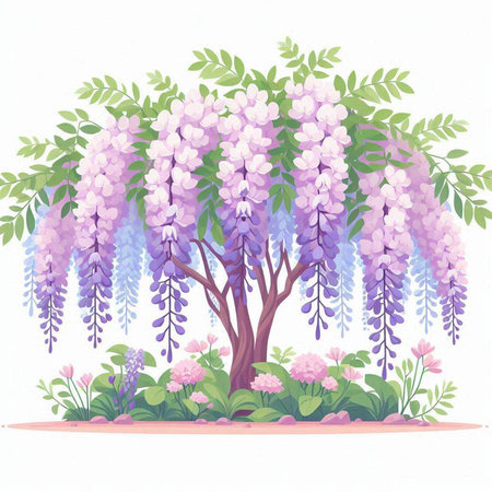 Wisteria tree with pink flowers and green leaves. Vector illustration.のイラスト素材