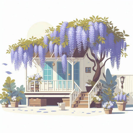 House with wisteria on the porch. Vector illustration in cartoon style.のイラスト素材