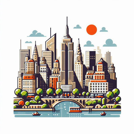New York City skyline with skyscrapers and river. Vector illustration.のイラスト素材