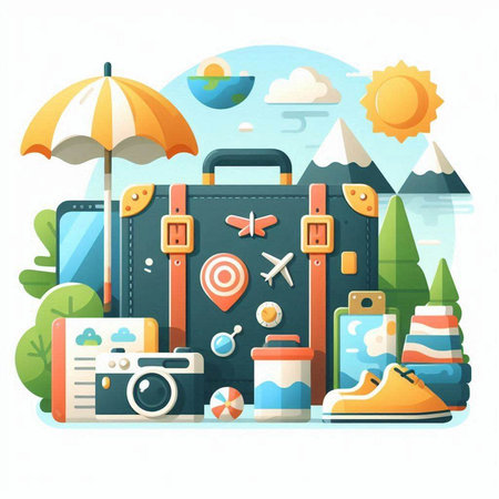 Travel and adventure concept. Suitcase, umbrella, camera, binoculars, sunglasses, flip flops. Vector illustrationのイラスト素材