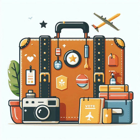 Suitcase with travel items. Vector illustration in flat style.のイラスト素材