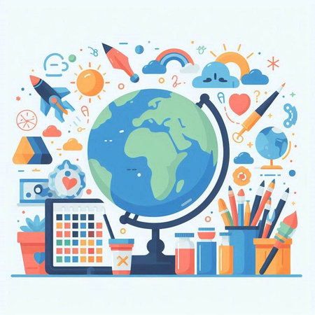 Back to school concept with globe, pencils, stationery and education items. Vector illustrationのイラスト素材