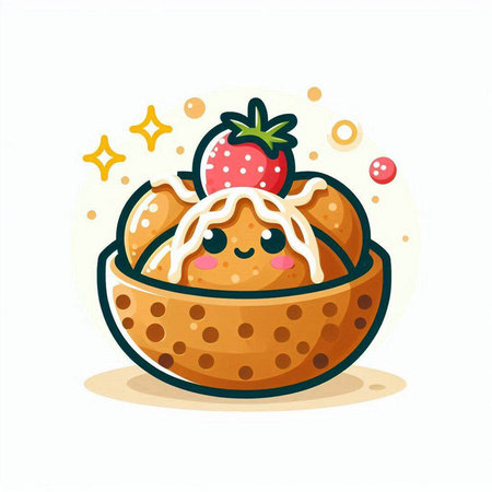 Cute cartoon ice cream in bowl with strawberry. Vector illustration.のイラスト素材