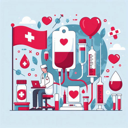 Vector illustration of a doctor with a stethoscope, blood bag, syringe, blood test tubes and flag of Switzerland in the background.のイラスト素材