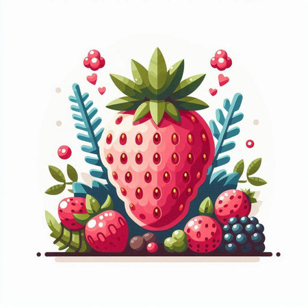 Strawberry vector illustration. Fresh ripe berry with leaves.のイラスト素材