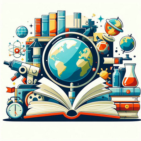 Vector illustration of science and education elements. Open book, microscope, books, globe, magnifying glass, globe, microscope, compass, flask, bookshelf.のイラスト素材