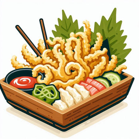 Illustration of a bowl of tempura with chopsticks and vegetablesのイラスト素材