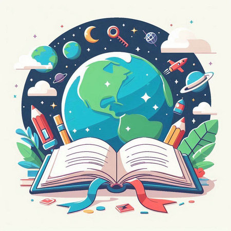 Back to school. Open book with globe, rocket, books and clouds. Vector illustration.のイラスト素材