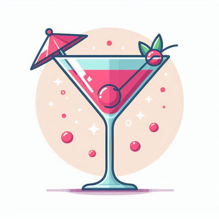 Cocktail flat color vector icon. Alcoholic drink with cherryini and straw.のイラスト素材