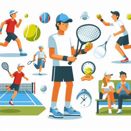Tennis sport game vector illustration. Cartoon tennis player with racket, ball, racket and ball.のイラスト素材