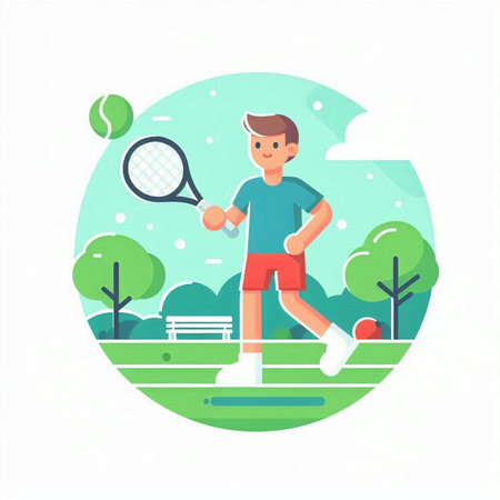 Young man playing tennis in the park. Flat style vector illustration.のイラスト素材