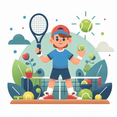 Tennis player with racket and ball. Vector illustration in cartoon styleのイラスト素材