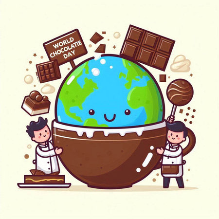 Cute cartoon kids with chocolate and world map. Vector illustration.のイラスト素材